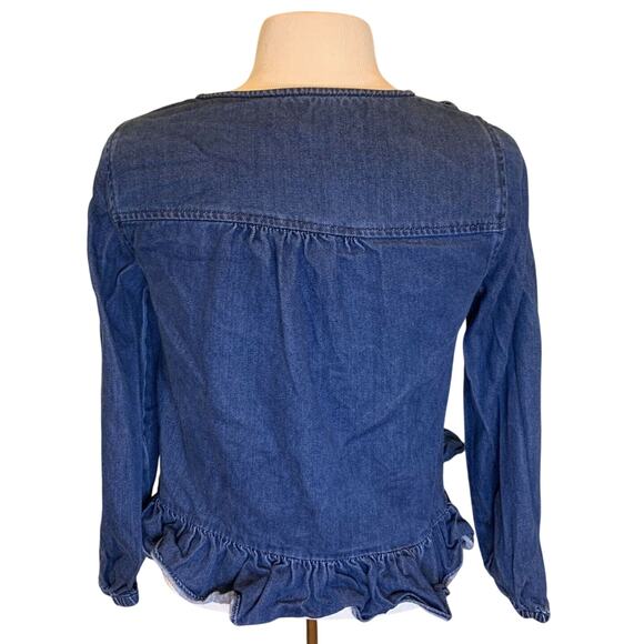 MADEWELL Denim Ruffle Top shirt clare wash $75 BLOGGER FAV SOLD OUT Size S - EUC - Picture 2 of 11